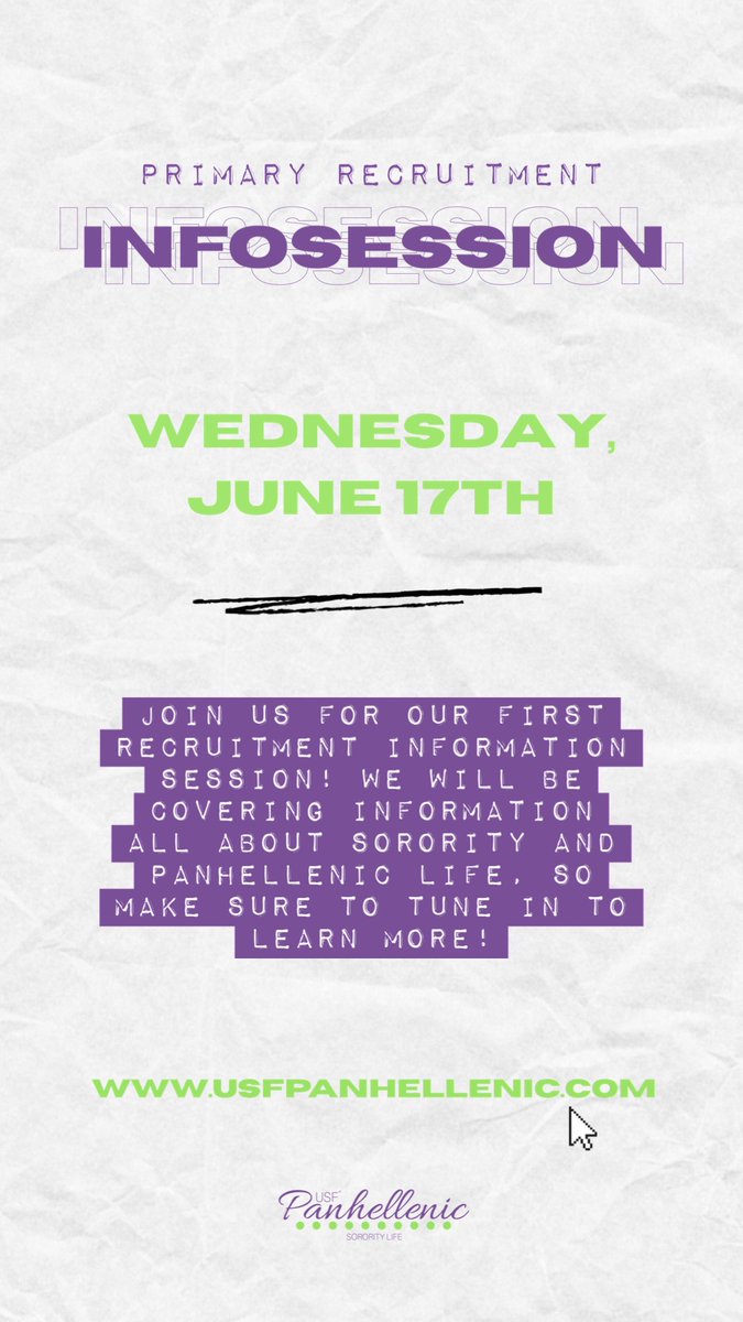 Join us for our FIRST Recruitment Information Session! We will be covering information all about Sorority and Panhellenic Life, so make sure to check out our IGTV, Instagram, Facebook page &amp; our Website!

Website: usfpanhellenic.com/information-se…
Instagram: <a href="/usfpanhellenic/">USF Panhellenic</a>