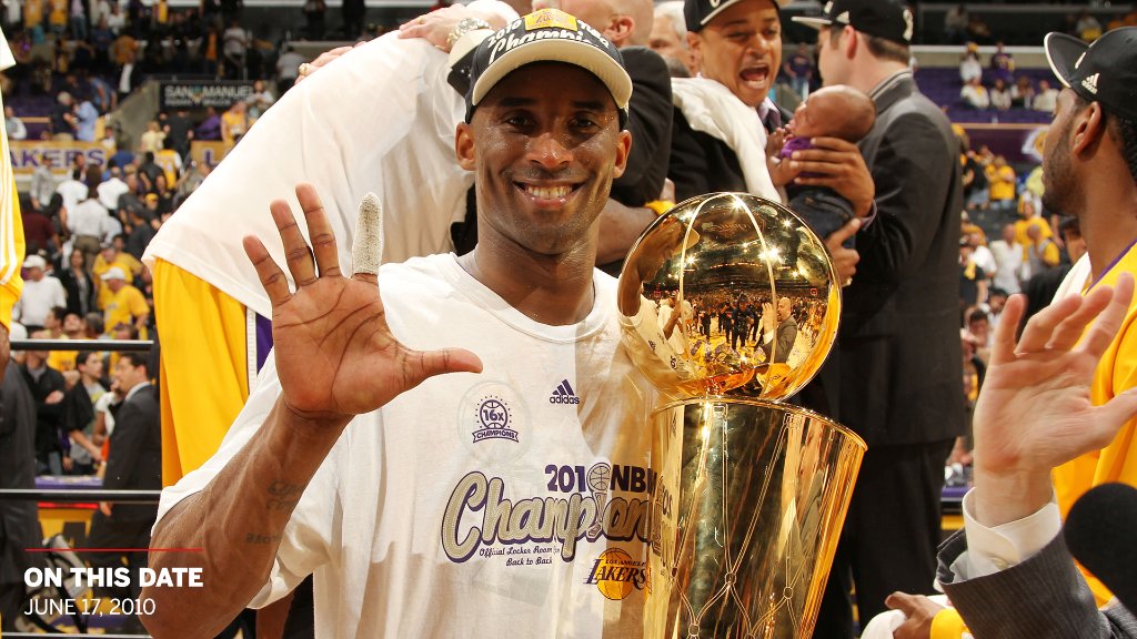 espn's tweet photo. "I just got one more than Shaq."

10 years ago today, the Lakers won an epic Game 7 battle against the Celtics. 

Kobe's fifth title 🏆🏆🏆🏆🏆 https://t.co/IoiG1fjlNi