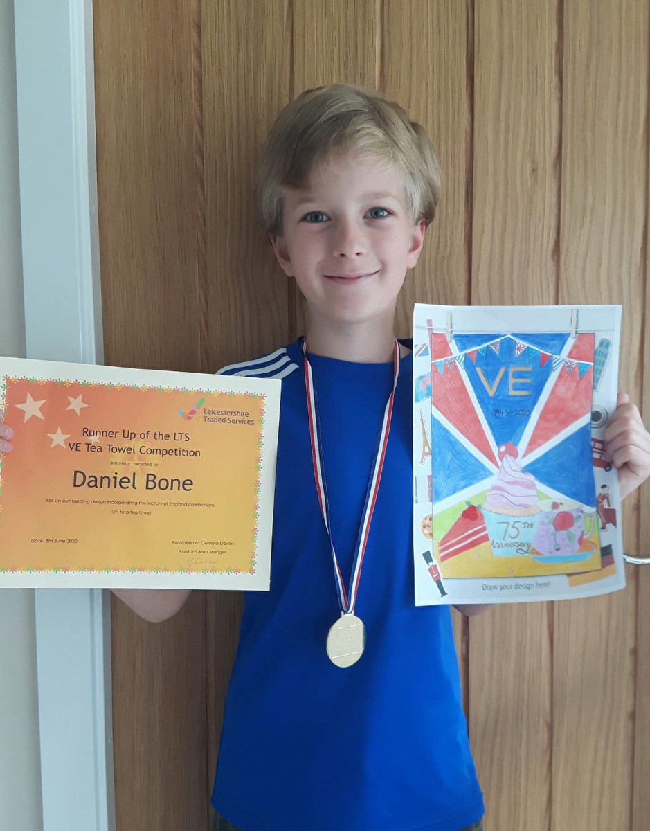 SimonBone27's tweet photo. @latimerprimary Daniel is very pleased with his certificate and medal for coming Runner Up in the VE Tea Towel Competition. Thanks to @riverside320 @LeicsTraded https://t.co/ccpyfVutI5