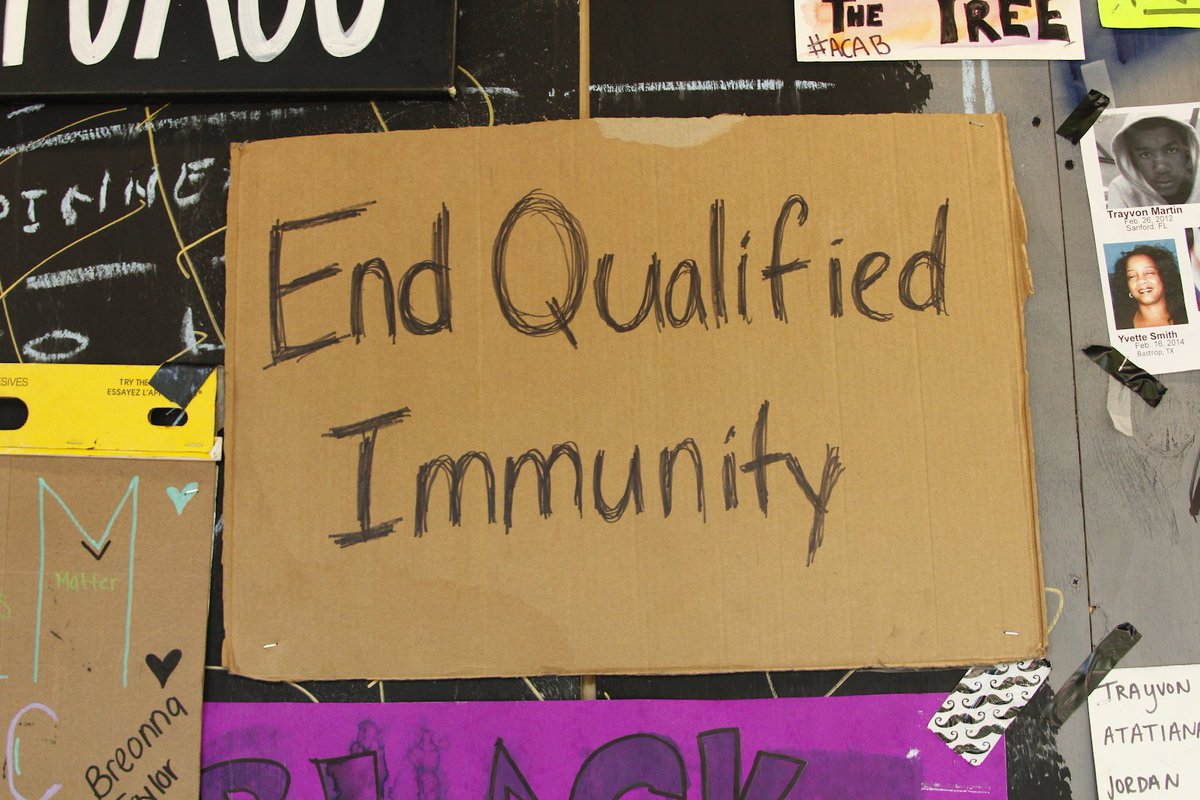 In the House legislation one of the integral calls from protesters, to end qualified immunity, will be a major point of contention today. To wit: from the makeshift gallery of protest signs hanging from scaffolding near BLM Plaza in D.C. Background:  https://www.courthousenews.com/george-floyd-protest-signs-to-be-curated-for-museum-exhibits/