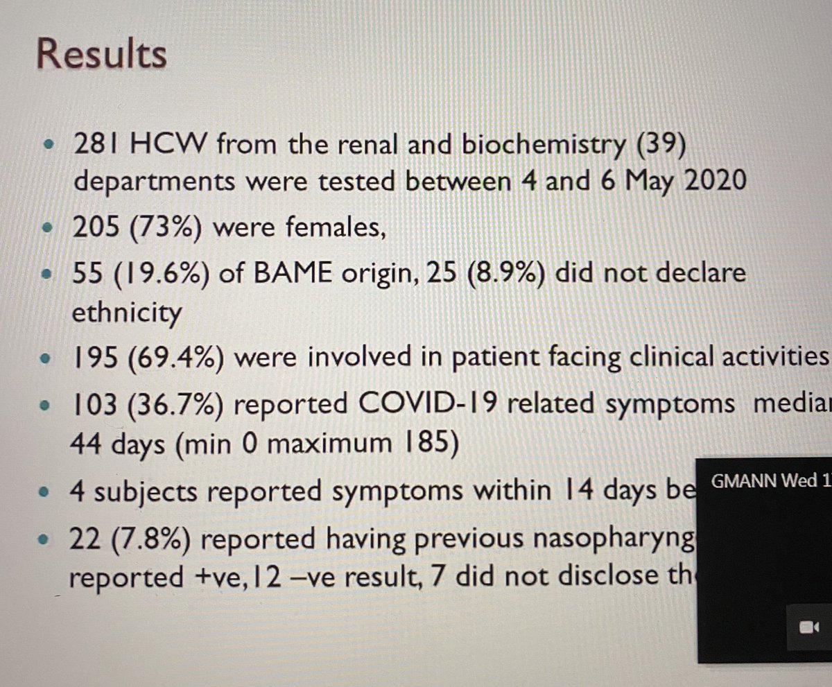gmnephrology's tweet photo. Serosurvey of #SarsCov2 presented by @DPoulikakos highlights health care workers in patient facing activities were more likely to have exposure and antibodies. Appropriate #PPE remains key and should be provided #gmann https://t.co/0xyYK9wADh