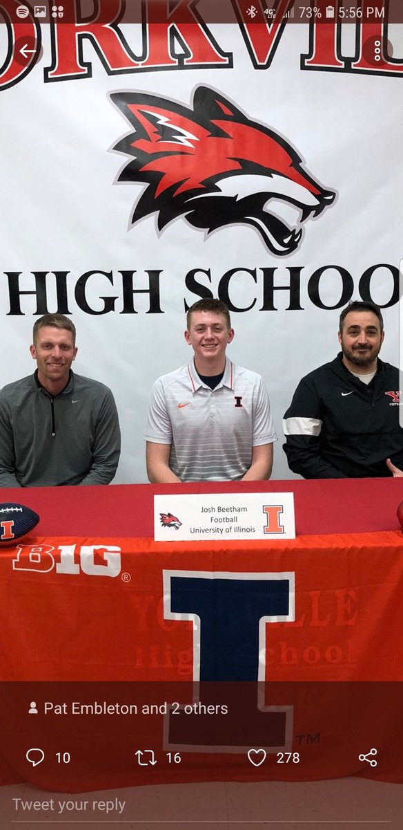 NBCSPreps's tweet photo. Senior SpotLites, presented by @SaintXavier:

Josh Beetham of Yorkville.

This stellar QB, a 2-time All-Conf and All-State HM, also hooped for the Foxes. He’s an NHS guy who’s involved in several volunteer/charitable initiatives.

He’s committed to Illinois. 
Good luck, Josh! 🏈 https://t.co/Zvs7zWid5T