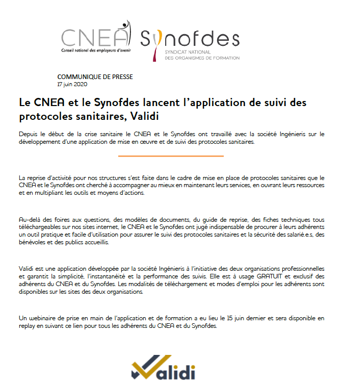 Hexopee_off's tweet photo. 📰CP - Le CNEA et @synofdes lancent l’application de suivi des protocoles sanitaires, Validi 📲
➡️A lire ici : https://t.co/qsr7llaazM
#appli #ESS #Validi https://t.co/3vHF3AHy4V