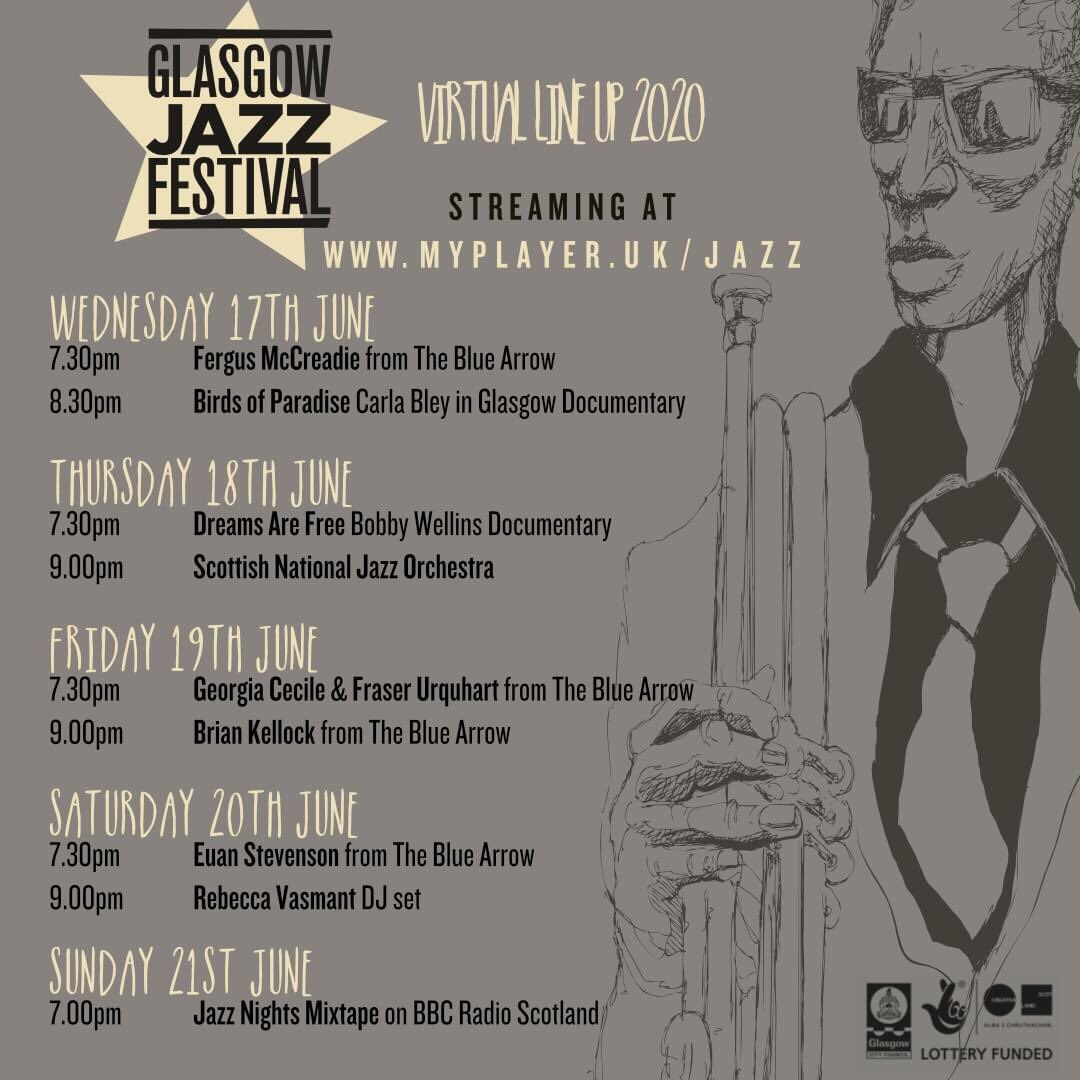 TONIGHT at 7:30pm @GlasgowJazzFest virtual edition gets underway w/ @fergusmccreadie at @BlueArrowJazz THURS 9pm @SNJO2 FRI 7:30pm @georgia_cecile & Fraser Urquhart 9pm @bkjazzpiano SAT 7:30pm @EuanInfo 9pm @RebeccaVasmant SUN Jazz Mixtape @BBCRadioScot ➡ myplayer.uk/jazz