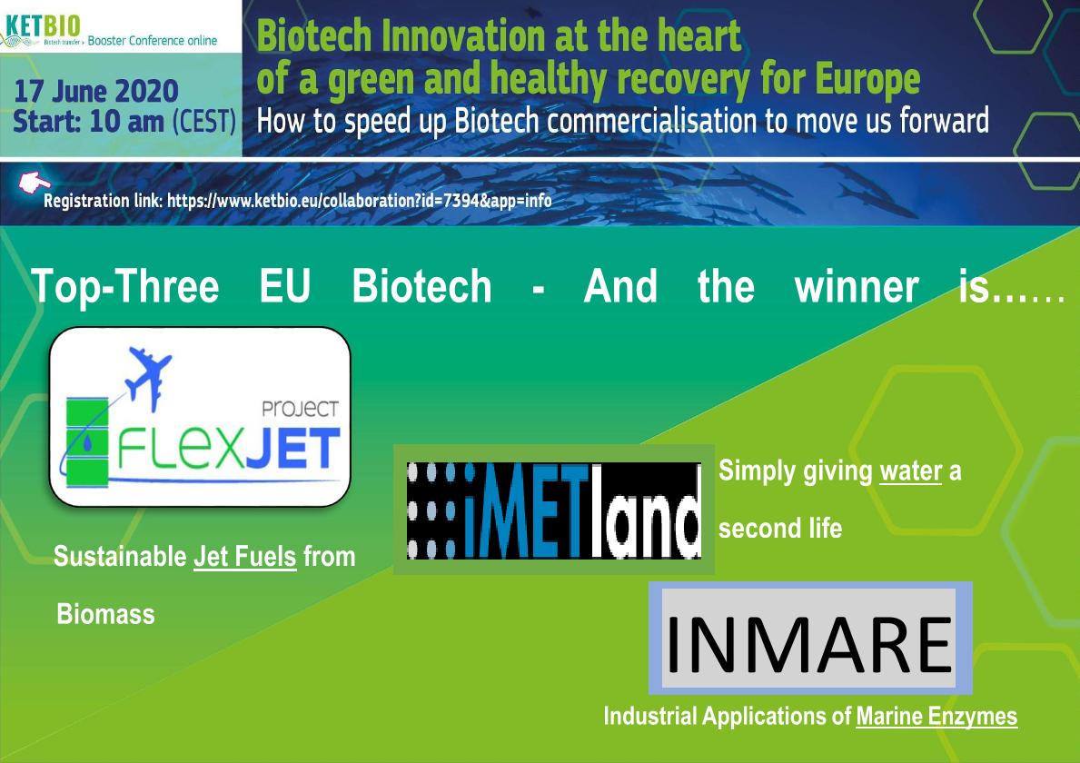 KETBIO (@ketbio_biotech) on Twitter photo Congratulations to all the winners of the KETBIO voting "TOP THREE EU BIOTECH": No 1:@flexjet , No 2: <a href="/iMETland/">iMETland</a>, No 3: INMARE inmare-h2020.eu
Find more in our flagship booklet: bit.ly/2USnzy5
@KTNUK_Chemistry <a href="/TransMITGmbH/">TransMIT GmbH</a> <a href="/DECHEMA/">DECHEMA e.V.</a> <a href="/Federchimica/">Federchimica</a> @RISEProcessum Congratulations to all the winners of the KETBIO voting "TOP THREE EU BIOTECH": No 1:@flexjet , No 2: <a href="/iMETland/">iMETland</a>, No 3: INMARE inmare-h2020.eu
Find more in our flagship booklet: bit.ly/2USnzy5
@KTNUK_Chemistry <a href="/TransMITGmbH/">TransMIT GmbH</a> <a href="/DECHEMA/">DECHEMA e.V.</a> <a href="/Federchimica/">Federchimica</a> @RISEProcessum