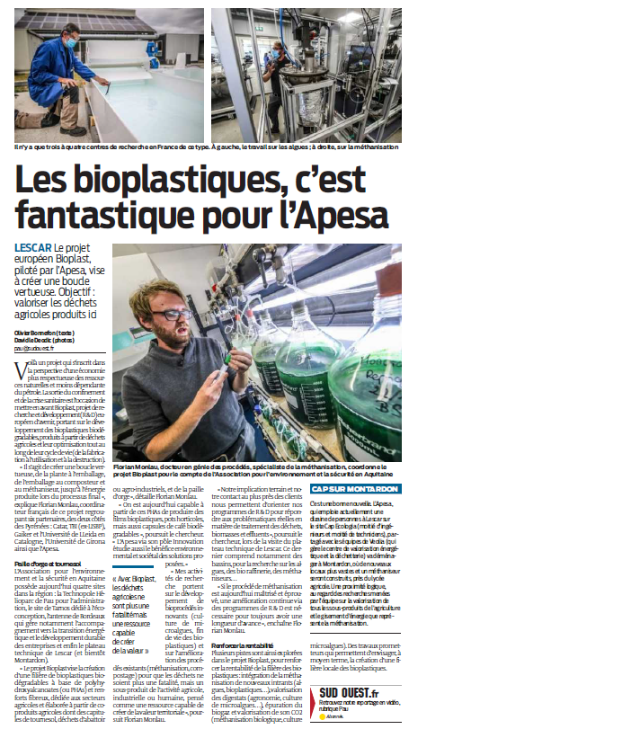 APESA Pôle valorisation (@apesavalorisat2) on Twitter photo L'APESA et le projet BIOPLAST (<a href="/CTPPOCTEFA/">Europa en el Pirineo</a>) à l'honneur sur SUD-OUEST. Un projet Européen "Interreg Poctefa" structurant pour la filière des plastiques biodégradables. #bioplastique, #méthanisation, #compostage L'APESA et le projet BIOPLAST (<a href="/CTPPOCTEFA/">Europa en el Pirineo</a>) à l'honneur sur SUD-OUEST. Un projet Européen "Interreg Poctefa" structurant pour la filière des plastiques biodégradables. #bioplastique, #méthanisation, #compostage