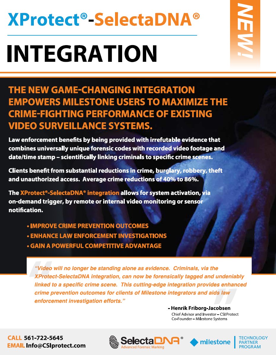 Csiprotect's tweet photo. Criminal detection technology, via unique integration with @milestonesys XProtect, greatly enhances ability to SAFELY and ACCURATELY identify looters long after commission of a crime. Criminals Beware!
#riots #looting #LawEnforcement #crimeprevention #forensicmarking https://t.co/TwwVMHaVbl