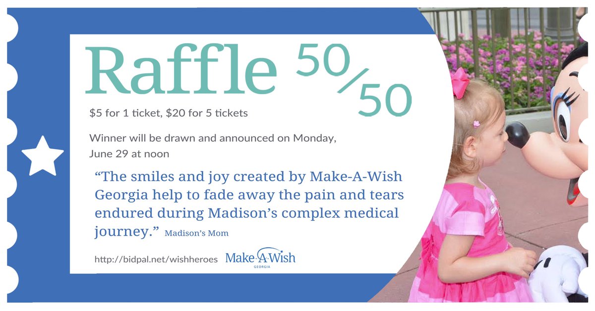 Just 13 days left to buy your 50/50 raffle tickets for Make-A-Wish Georgia. Money raised will help grant wishes for critically ill children. Click the link below then menu and 50/50 raffle tickets to purchase yours! Winner will be drawn 6/29! Bidpal.net/wishheroes