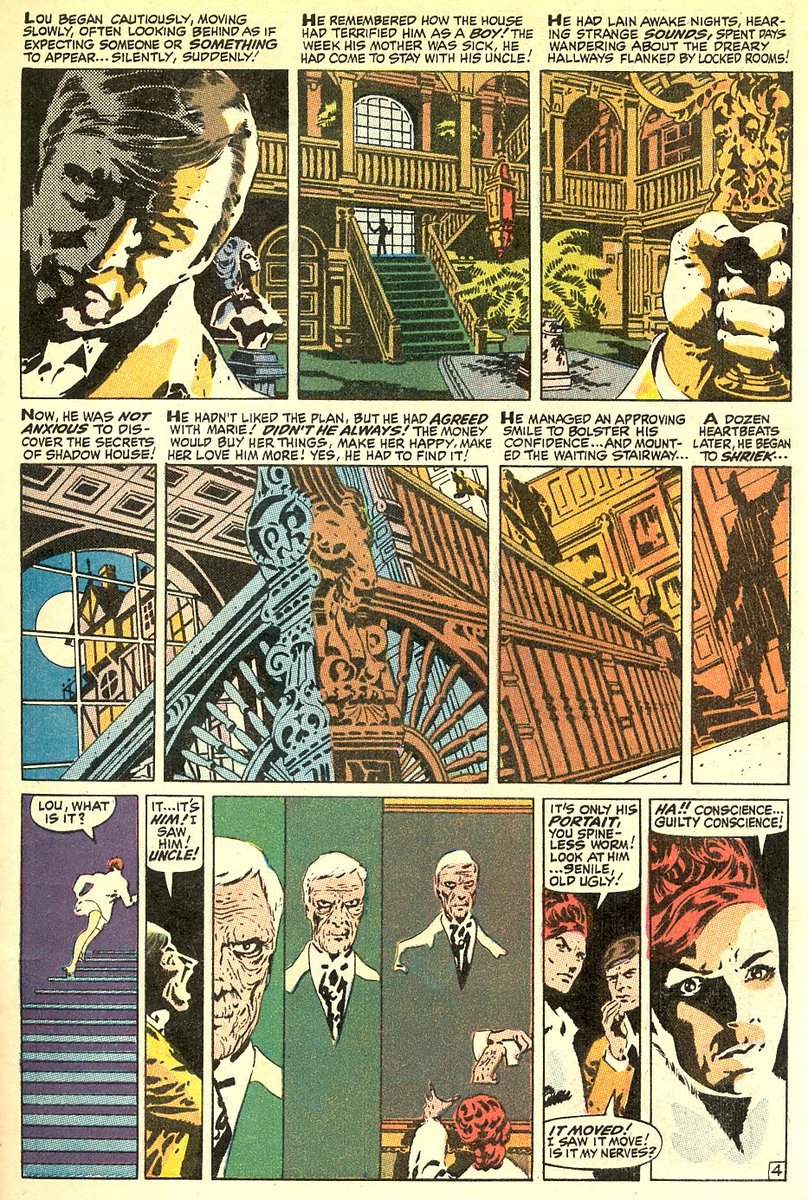 Steranko created the award-winning story as a Lovecraft homage - "The Lurking Fear at Shadow House" - but Stan didn't get the connection. (At one point he suggested "Let Them Eat Cake.") It would be reprinted in black & white three years later in VAMPIRE TALES #2.