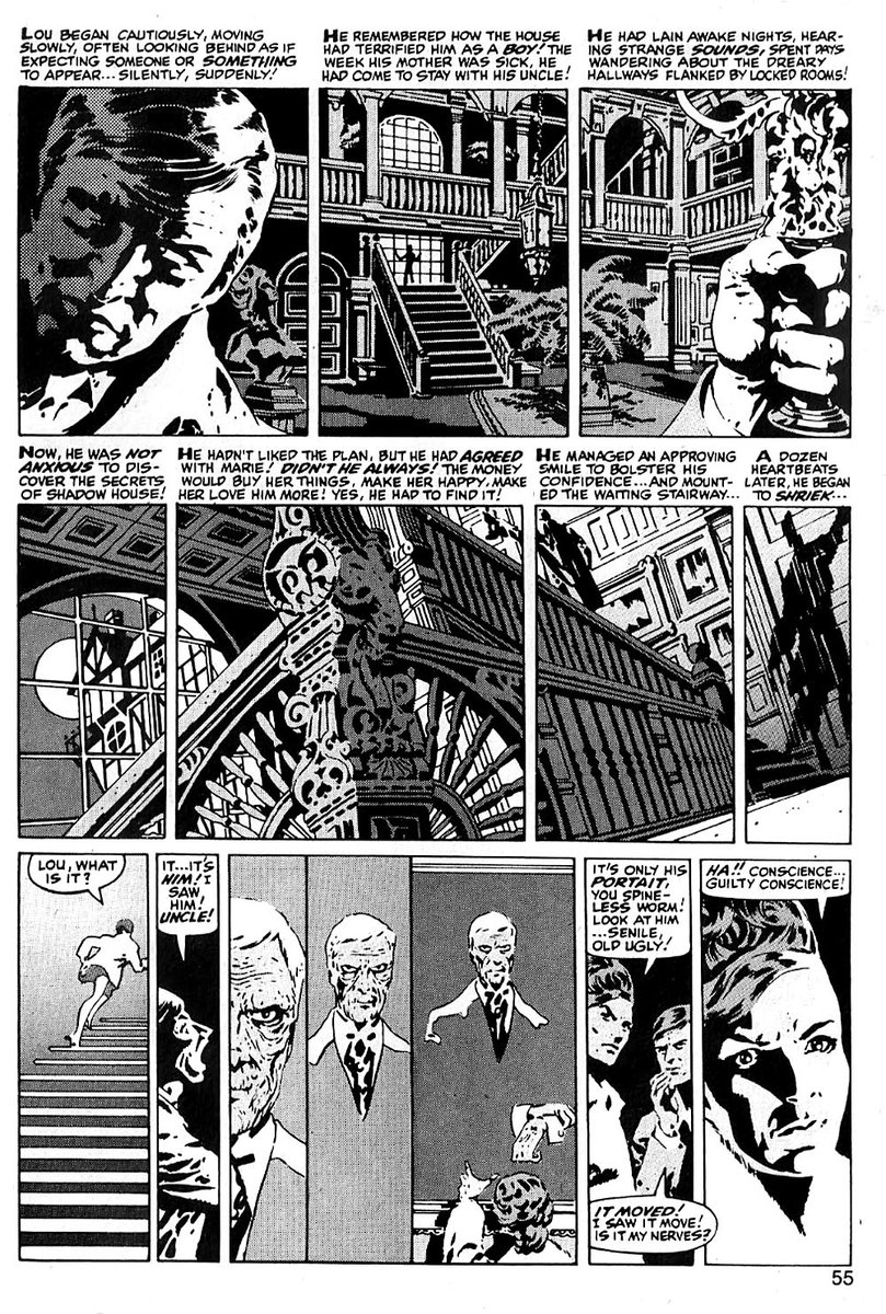 Steranko created the award-winning story as a Lovecraft homage - "The Lurking Fear at Shadow House" - but Stan didn't get the connection. (At one point he suggested "Let Them Eat Cake.") It would be reprinted in black & white three years later in VAMPIRE TALES #2.