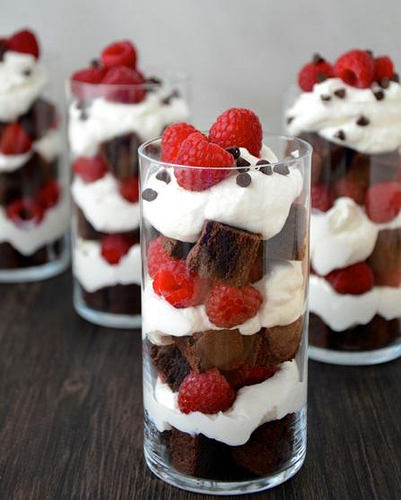 Raspberry brownie trifles.