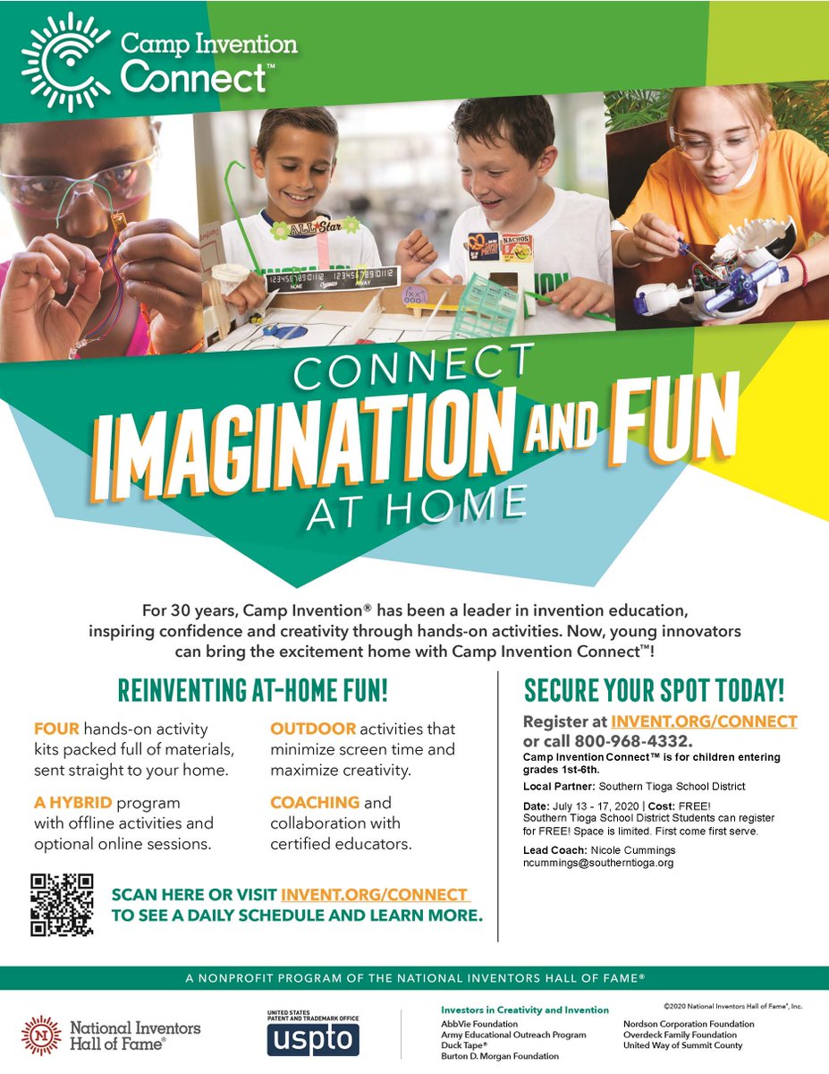Secure your spot for Camp Invention Connect the week of July 13-17!
 
Participants will receive 4 hands-on activity kits and will be challenged to find their "inner inventor" while having fun! This is open to students in grades K-6. Register at invent.org/connect #LrnrDrvn
