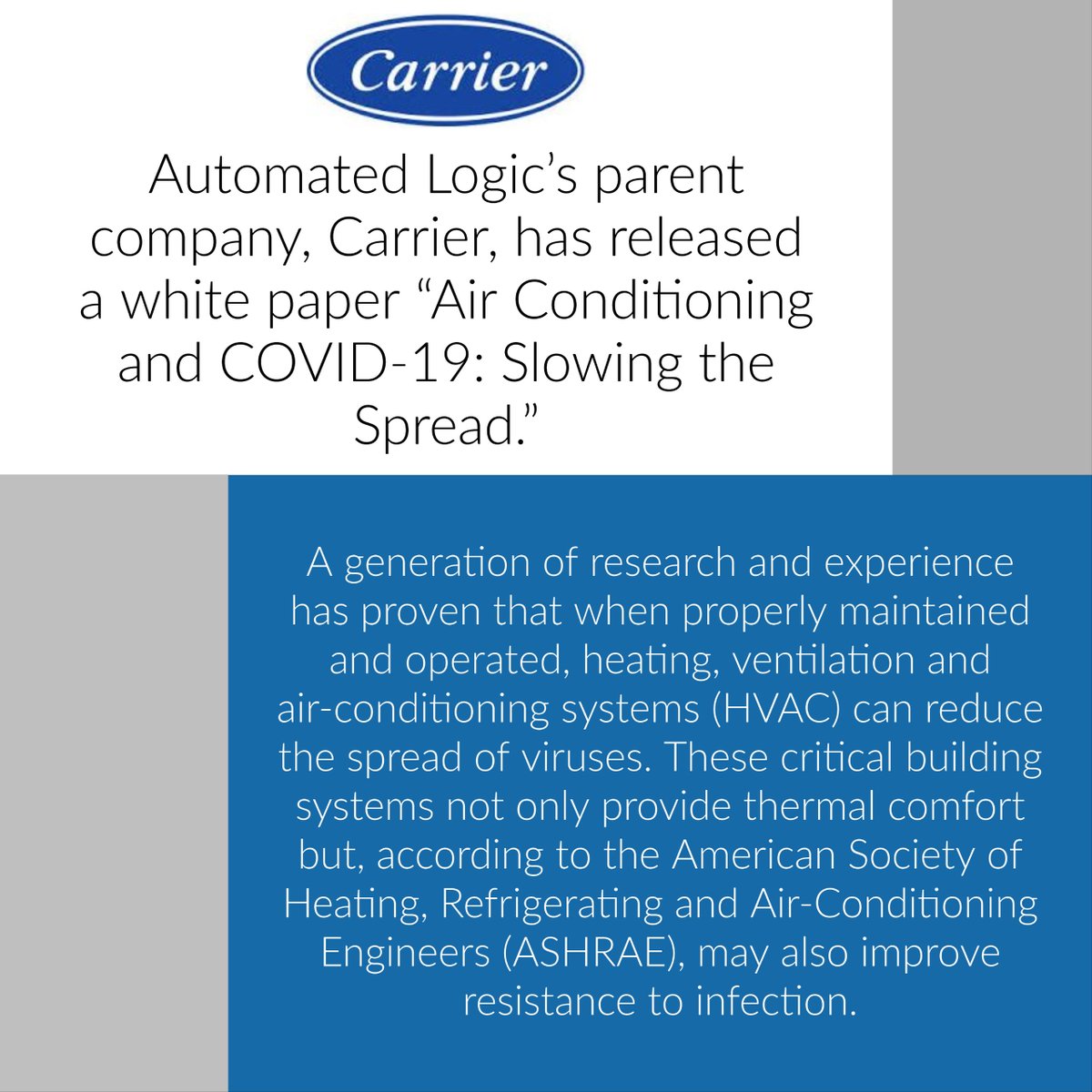 autoctrls's tweet image. Carrier has released a white paper on "Air Conditioning and COVID-19: Slowing the Spread." Click the link to read and/or download the paper.
automatedlogic.com/Whitepapers/CO…