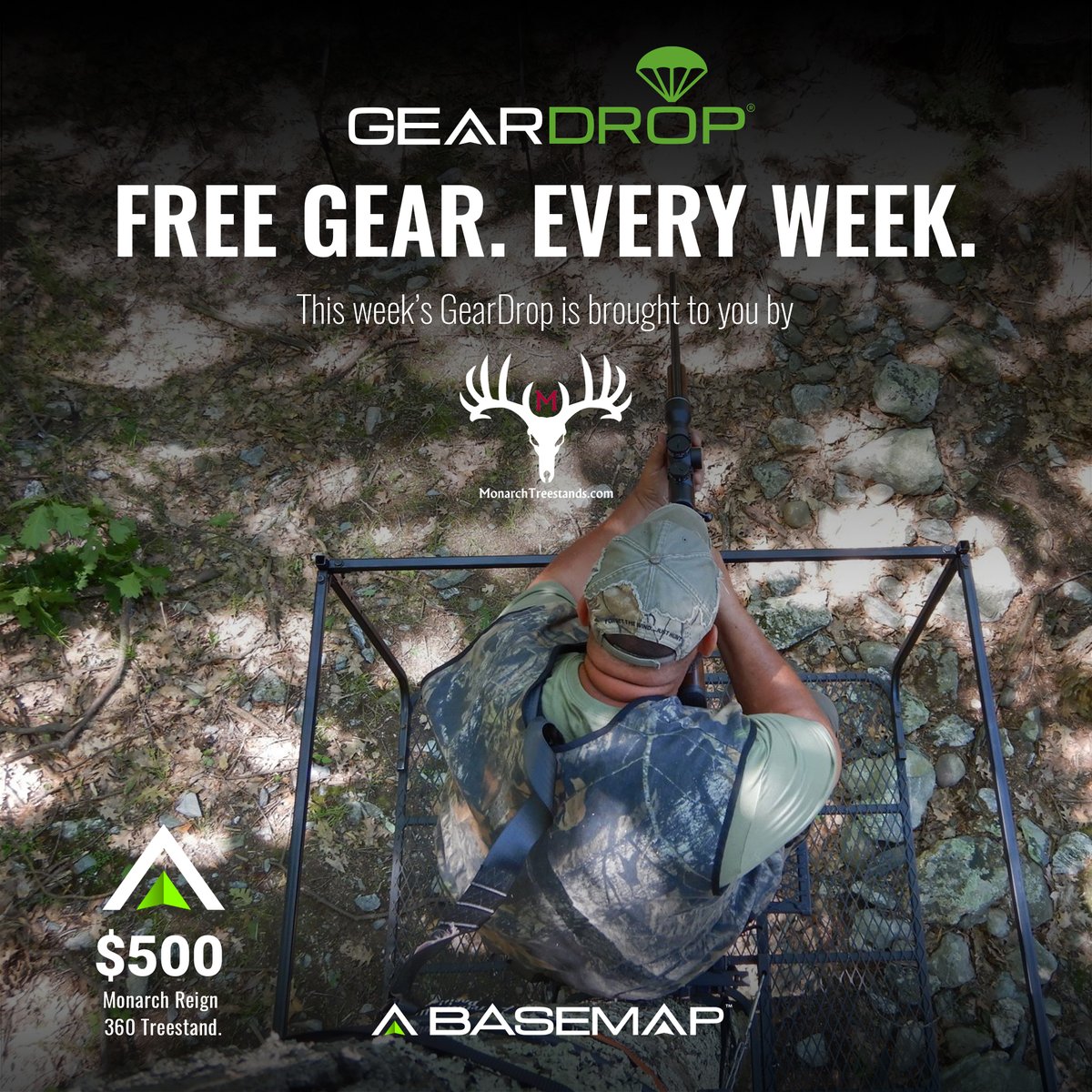 BaseMapOutdoors's tweet photo. This weeks #GearDrop is brought to you by Monarch Treestands.  We are giving away a Monarch Reign 360 treestand.  It's unique 360 degree design allows you to cover all of the area you are hunting without much effort.  Drop your markers by 6:00pm PST on Monday.  Good luck! https://t.co/I8loUABPKC