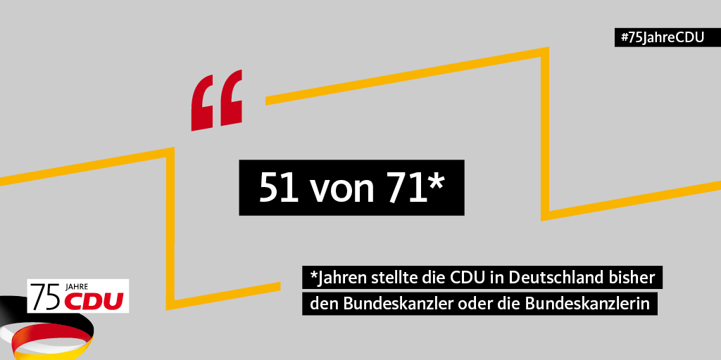 CDU's tweet photo. Deutscher Bundeskanzler: In 51 von 71 Jahren 🇩🇪 kamen sie von der #CDU.  
Konrad #Adenauer (1949-1963), Ludwig #Erhard (1963-1966), Kurt Georg #Kiesinger (1966-1969), Helmut #Kohl (1982-1998). Und natürlich Angela #Merkel – erste #Bundeskanzlerin! Im Amt seit 2005. #75JahreCDU https://t.co/TF3nlkQS0k