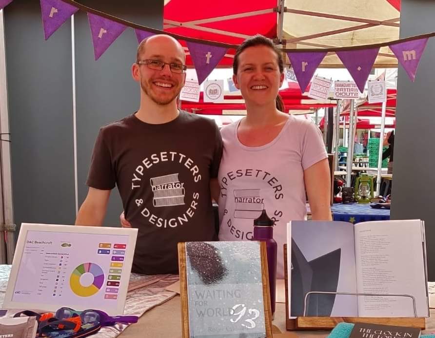 NarratorDesign's tweet photo. This is the team behind Narrator typesetting and design. Here we are at Newark Book festival last year. Check out the virtual events for this year's Newark Book Festival. #newarkbookfestival #typesetting #typesetters https://t.co/j7UsIhoyE8