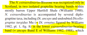 Melchin et al. (2003) IDed M. extraordinarius in the lower Anceps Band E *and* they IDed M. persculptus in the the "Extraordinarius Band". Melchin et al. is a bit obscure, but subsequent biostrat/extinction papers have accepted this revision. For example, Storch et al. (2011).5/n