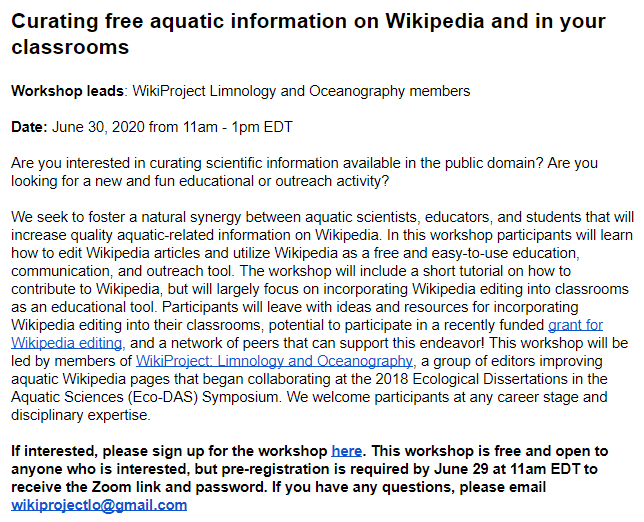 WikiProjectLO's tweet photo. 📢We're hosting a virtual workshop on June 30, 11am-1pm EDT "Curating free aquatic information on Wikipedia and in your classrooms" 

sign up here: https://t.co/ww6qwsTgaA
more details 👇 https://t.co/rkkhYVLYB8