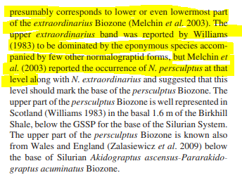 Melchin et al. (2003) IDed M. extraordinarius in the lower Anceps Band E *and* they IDed M. persculptus in the the "Extraordinarius Band". Melchin et al. is a bit obscure, but subsequent biostrat/extinction papers have accepted this revision. For example, Storch et al. (2011).5/n