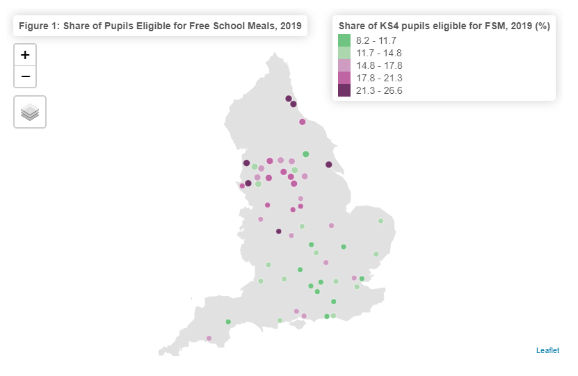 2\\ Cities with the highest shares of students eligible for FSM are mostly in the North and Midlands and cities with lower shares of eligible pupils are mostly in the Greater South East.(You can explore these figures on the interactive map in the blog )
