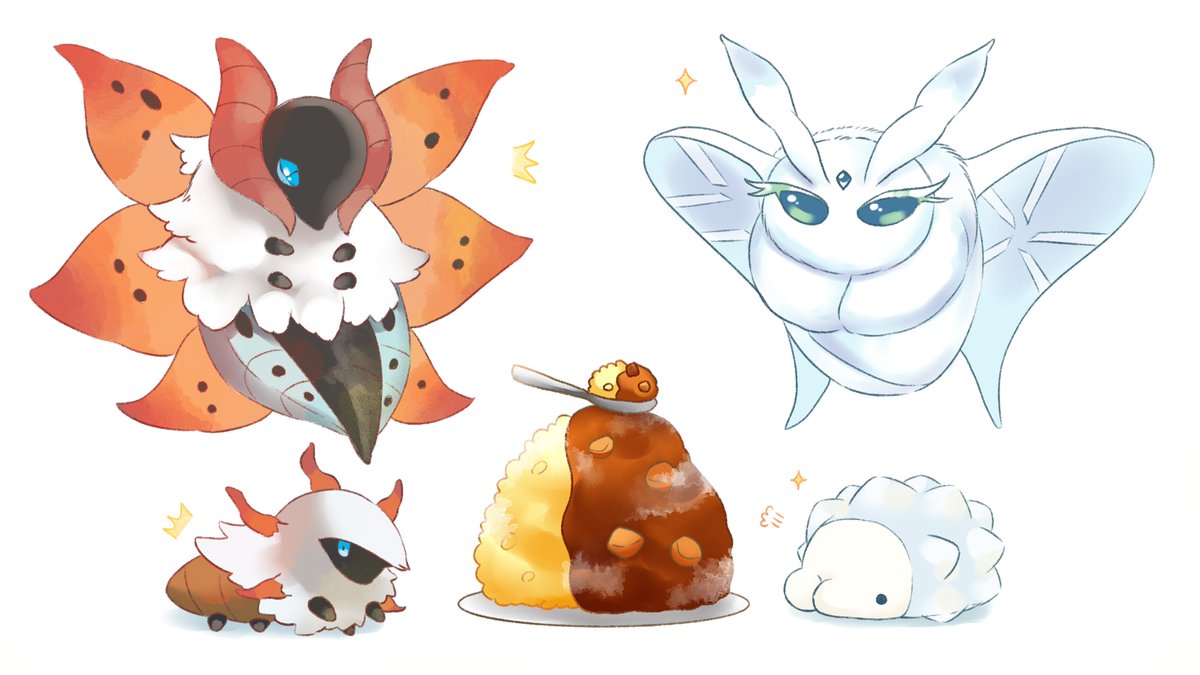 ポケモン カレーとユキハミ メラルバ ウルガモス モスノウ ポケモン剣盾 湊谷 鈴 ｶﾌﾟｾﾙﾄｲ前向ｷｳｲ ｸﾘｰﾑｿ ﾀﾞﾊﾟｰﾃｨｰ発売中 お仕事受付中のイラスト