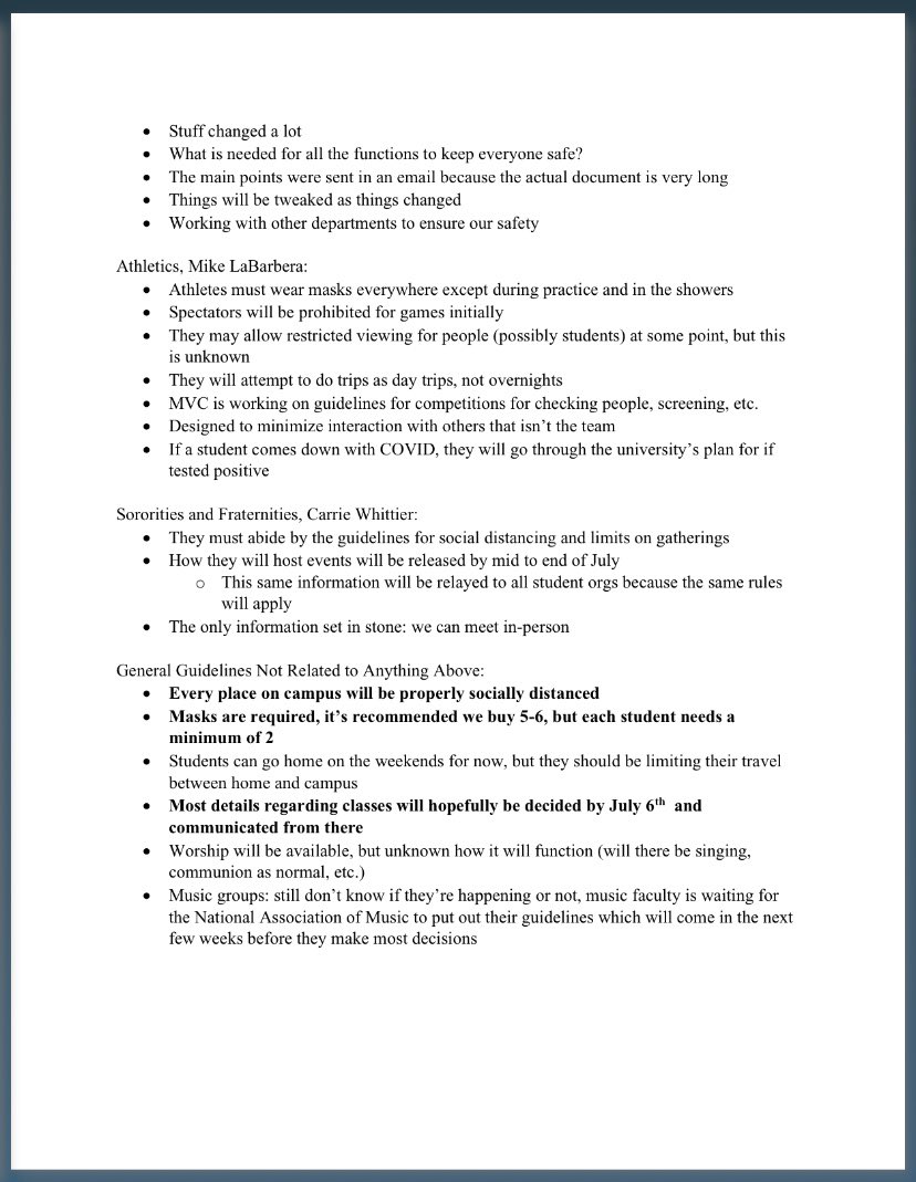 ValpoSenate's tweet photo. Hey Students! If you were unable to attend the most recent town hall addressing the new COVID-19 guidelines, you can check out these notes below. Senior Sophia Grestano ,@ssagrestano21, was very helpful in taking these notes and allowing them to be distributed to students. https://t.co/cWWOkGpWJZ