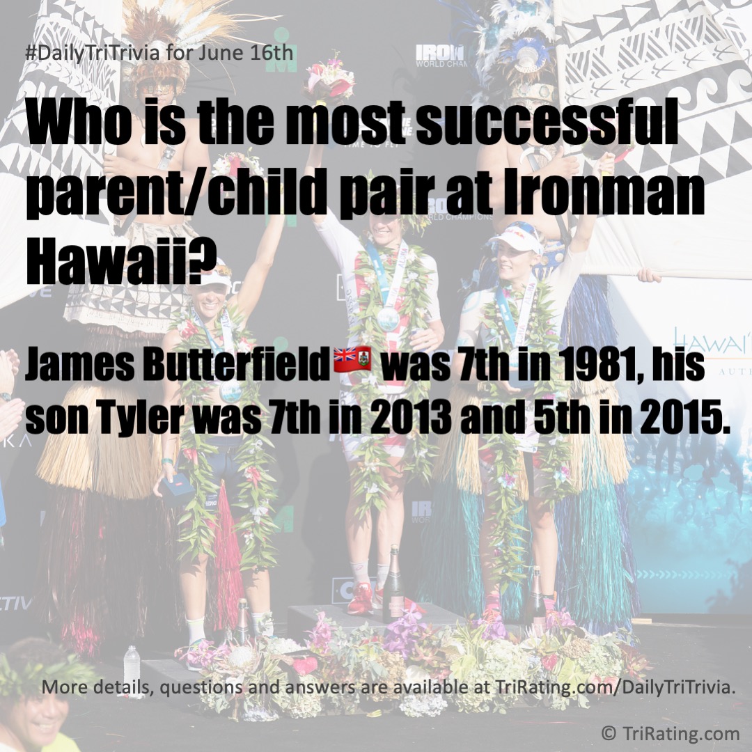 Seems this #DailyTriTrivia was about a piece of Kona history not too many knew about:
.
Q. Who is the most successful parent/child pair at Ironman Hawaii?
.
A. James Butterfield🇧🇲 was 7th in 1981, his son Tyler <a href="/TyButterfield/">Tyler Butterfield</a>  was 7th in 2013 and 5th in 2015.