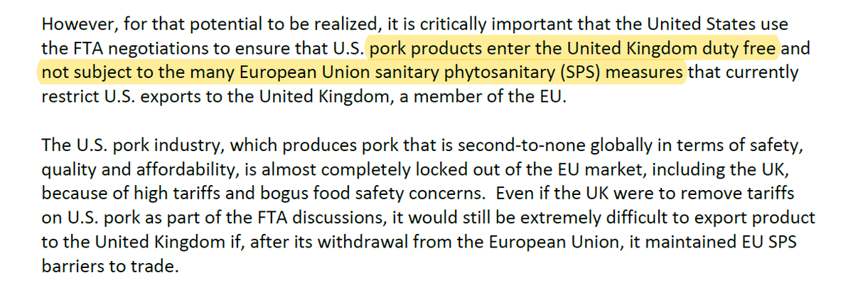 And if in doubt, check out the US National Pork Producers Council  @NPPC own comment on that mandate. No more "bogus" EU food standards and zero-tariff access. Yeeeha! That's what Brexit is about, they say: "stark choices" and "consumer choice". /6  http://nppc.org/wp-content/uploads/2019/01/P-NPPC-UK-FTA-1.15.19-Comments-FINAL.pdf
