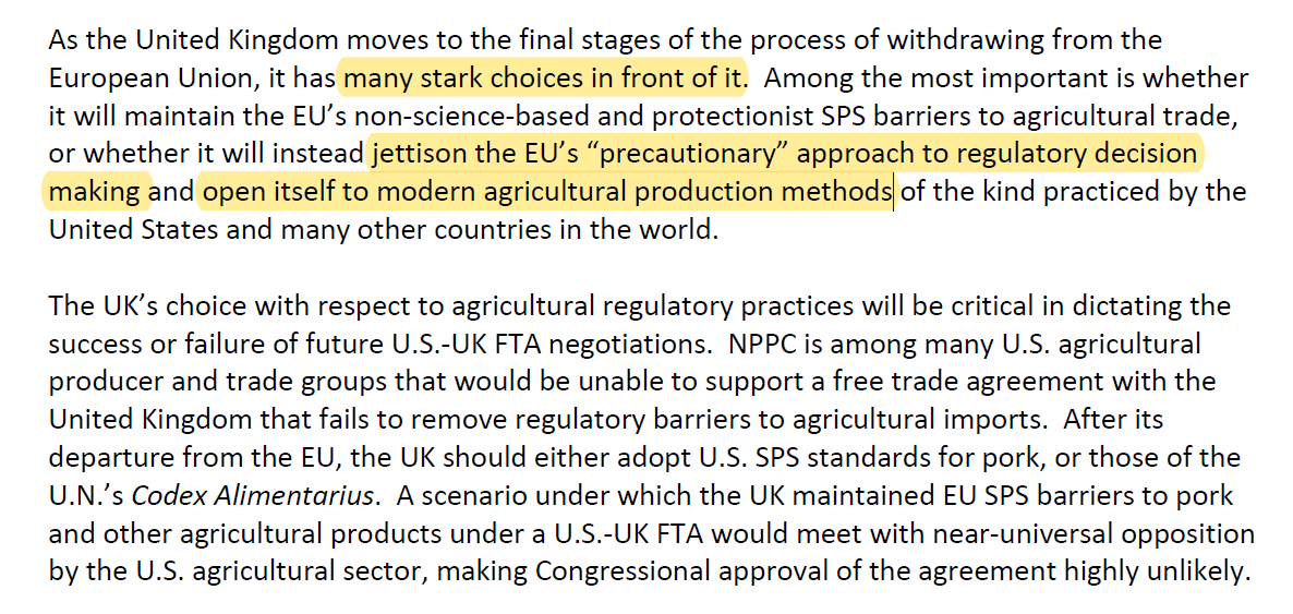 And if in doubt, check out the US National Pork Producers Council  @NPPC own comment on that mandate. No more "bogus" EU food standards and zero-tariff access. Yeeeha! That's what Brexit is about, they say: "stark choices" and "consumer choice". /6  http://nppc.org/wp-content/uploads/2019/01/P-NPPC-UK-FTA-1.15.19-Comments-FINAL.pdf