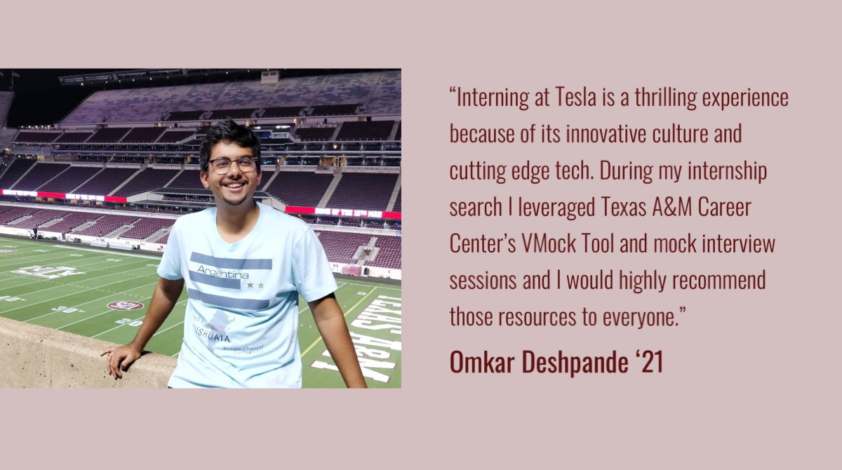 tamucareer's tweet photo. Today our Internship spotlight goes to Omkar Deshpande, Master of Science student in Industrial Engineering. Omkar is interning this Summer with @Tesla as a Quality Engineering Intern. #aggieproud #aggieintern #teslaintern #aggieengineer @TAMUEngineering https://t.co/N3sMJGoKhd