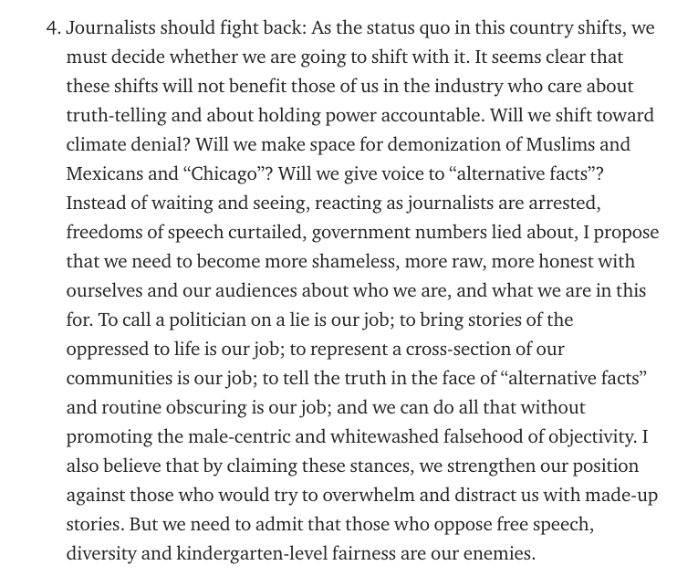 In January 2017,  @LewisPants wrote this brilliant piece about modern journalism that ended up costing him his job (seriously).  https://medium.com/@lewispants/objectivity-is-dead-and-im-okay-with-it-7fd2b4b5c58f