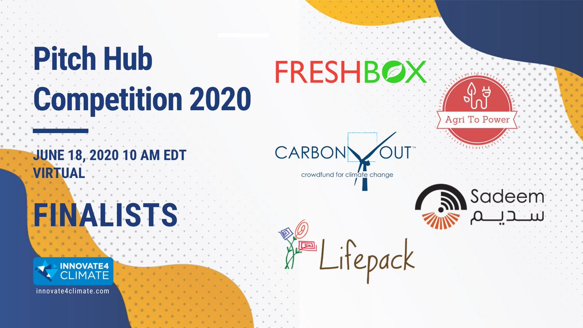 After 400 applications and rounds of evaluation, here are the five finalists for the #Innovate4Climate Pitch Hub Competition! Learn about their projects and vote your favorite at this live virtual competition tomorrow at 10:00 am EDT: wrld.bg/tgMv50A9HBR #SustainableRecovery