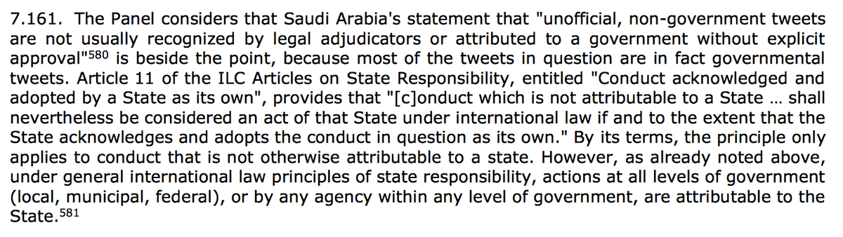 MPaparinskis's tweet photo. A propos nothing in particular, do tweets count as State conduct for the purpose of attribution under international law of State responsibility? 

@wto panel in Saudi Arabia—IP says yes, for ‘the tweets [that] are in fact governmental tweets’ https://t.co/ud4xHnXH9E https://t.co/rEotn1OzMZ