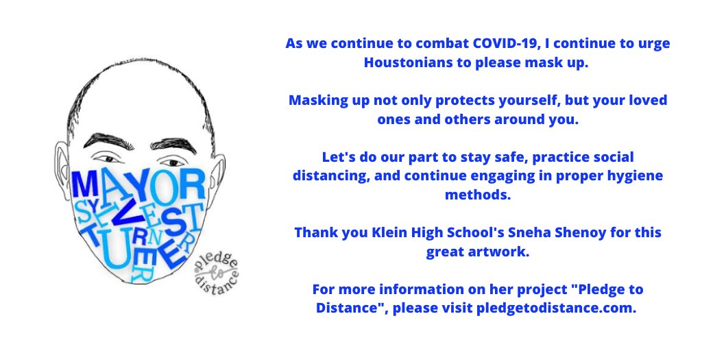 SylvesterTurner's tweet image. As we continue to combat #COVID19, I continue to urge Houstonians to please mask up. 

Thanks @KleinHigh's Sneha Shenoy for this great artwork.

For more information on her project "Pledge to Distance", please visit pledgetodistance.com. 

#MaskUpHou