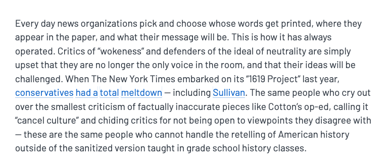 But the *same exact people* who rail against "sjws" and "woke mobs" who criticize a bad op-ed or questionable editorial decision are the quickest to fly into an all-out tantrum when presented with a view they don't like.See: our sanitized US history taught in schools.