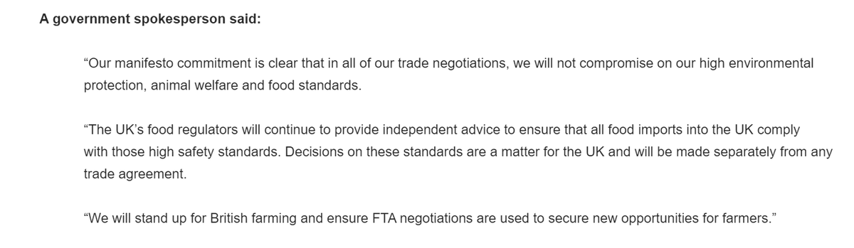 Here's the statement in full - read it very carefully now. Do you spot the clever bit? (my caps)"we will not compromise on OUR high environmental protection, animal welfare and food standards" and UK regulators will ensure imports "comply with those high safety standards". /9