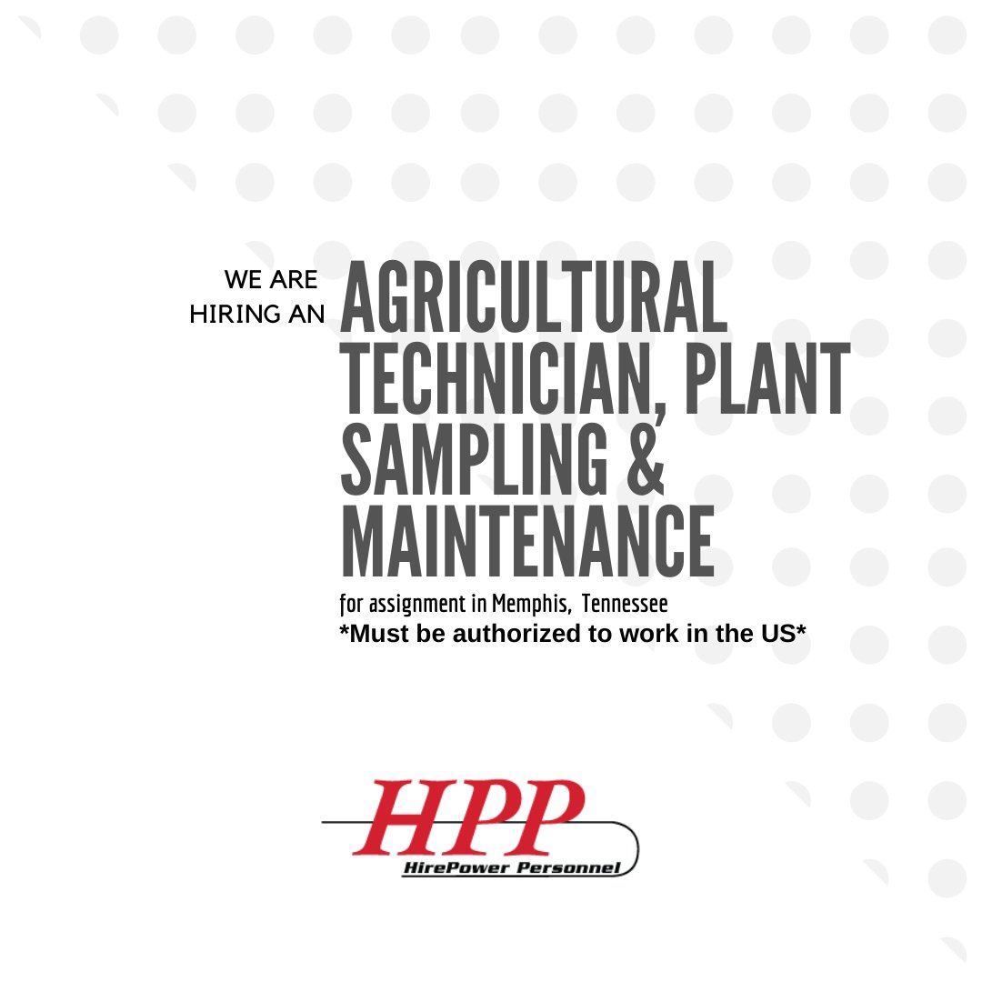 HPPStaffing's tweet image. We are hiring an #AgriculturalTechnician, #PlantSampling &amp;amp; #Maintenance for assignment in Memphis, Tennessee to apply and for more information please visit the following link portal.dynamicsats.com/JobListing/Det… #Memphis #tennessee #hiring #jobs #joinourteam #jobopportunity #employment