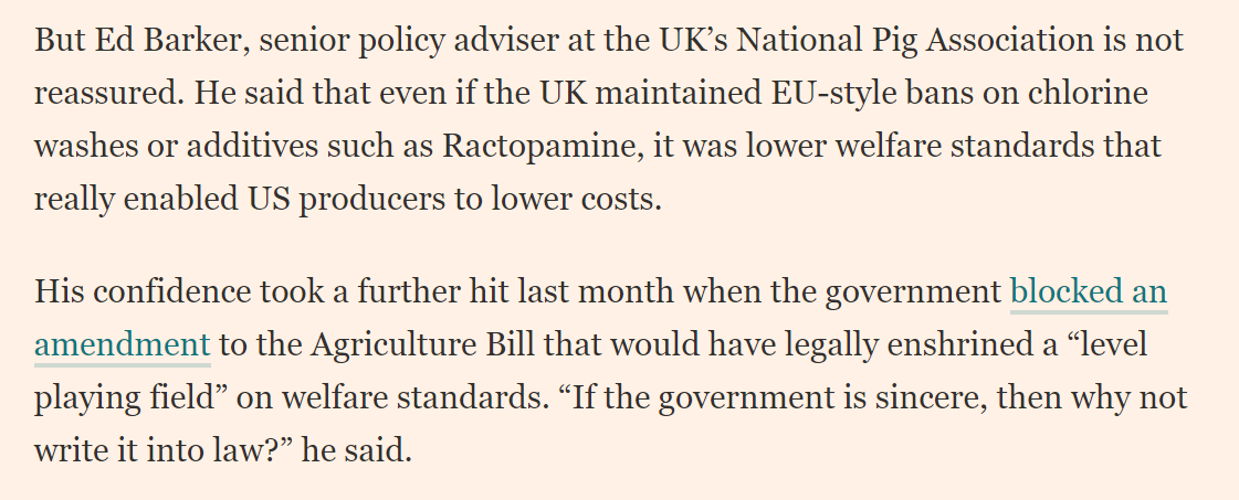 Oooh. Slippery as an imported eel, because as  @edbarkerpig of  @NatPigAssoc points out, this doesn't make a guarantee on UK not importing products raised with lower welfare requirements. Even if US screens for things like Ractopamine, it will STILL be cheaper than UK reared /10.