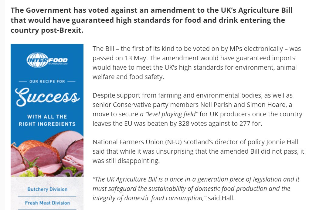 The giveaway is that when MPs tried to amend the Agriculture Bill last month to ensure a level playing field on welfare it was blocked by the government. As  @edbarkerpigsays: “If the government is sincere, then why not write it into law?” /11 https://www.foodmanufacture.co.uk/Article/2020/05/13/Agriculture-Bill-MPs-don-t-back-import-standards-call