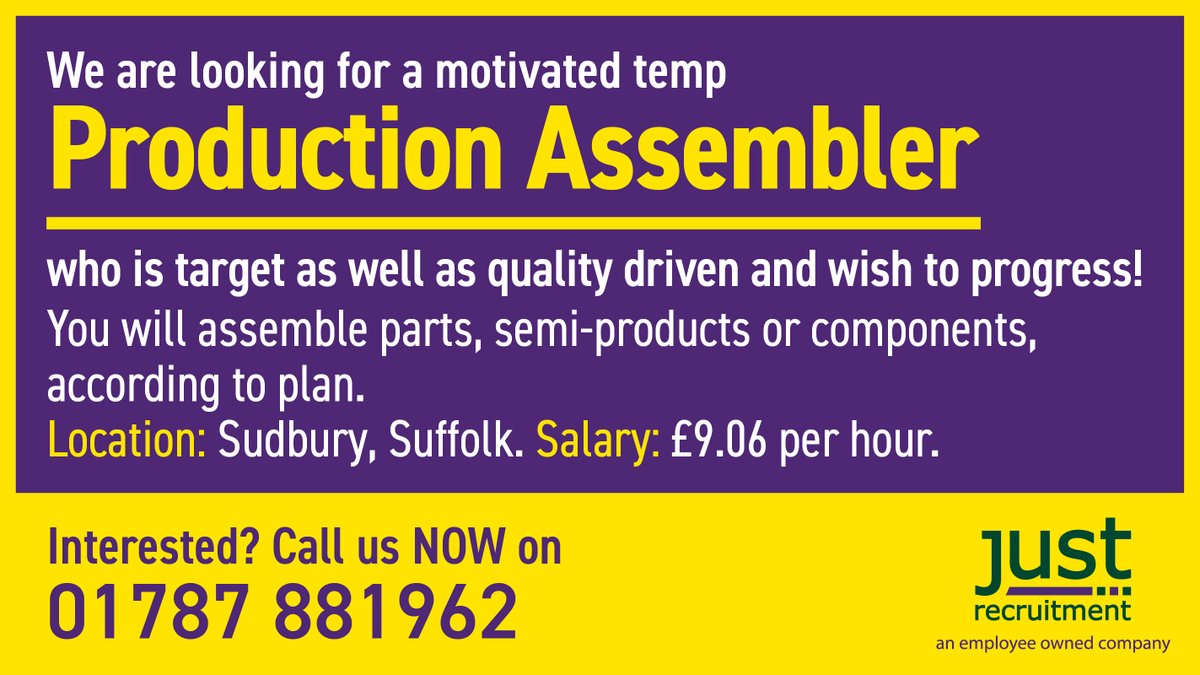 JRGLtd's tweet photo. #Production #Assembler (salary £9.06 per hour) wanted in #Halstead.
Interested? Call us NOW on 01787 881962.
#productionassemblers #operatives #assemblers #production #temp #tempsjobs #temps #Sudbury @TownOfSudbury @SudburyCoC #manufacturing https://t.co/4WWDJYrhfr