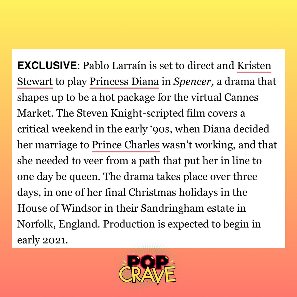 Pop Crave Kristen Stewart Cast As Princess Diana In Director Pablo Larrain S New Drama Spencer Deadline Reports Production Expected To Begin Early 21 T Co Zcqn0fojuu T Co N3twffdjaq