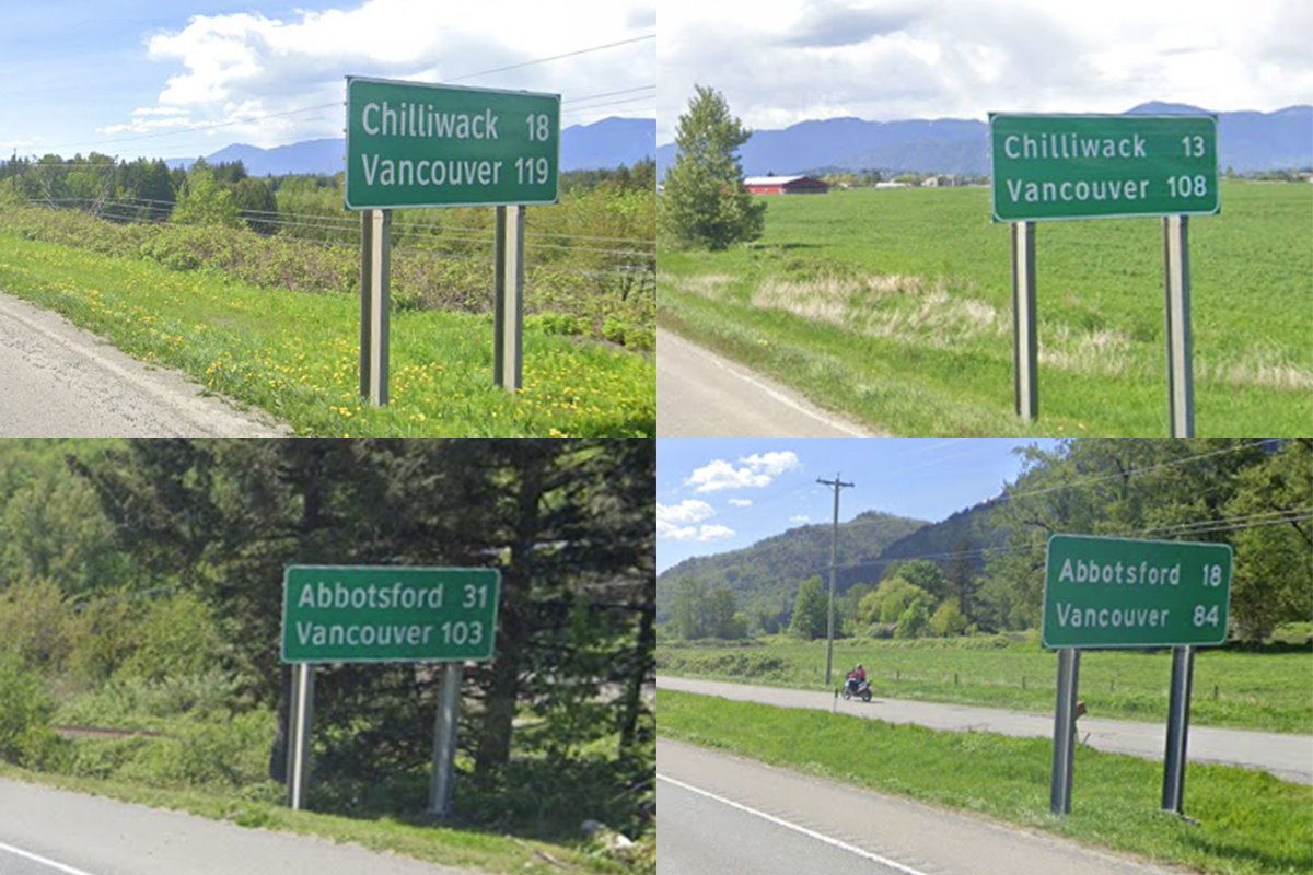 This is going to be a rant about some very stupid B.C. highway distance signs.•Look at these signs. They are on the same highway in the Fraser Valley. Do you see how stupidy stupid they are?