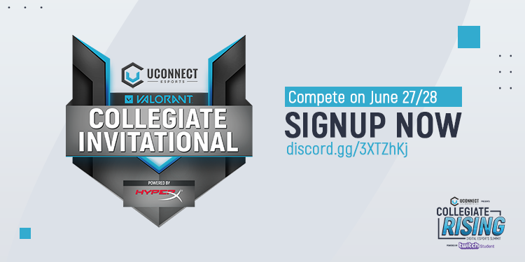 We're proud to announce the debut of the Uconnect Collegiate Invitational with <a href="/PlayVALORANT/">VALORANT</a> powered by <a href="/HyperX/">HyperX</a> 
Prizing:
1st: 5X Cloud Flight S Headset
       5x Fury DDR4 RGB RAM
1-8th: 70,000 Twitch Bits Prize Pool (1st-8th)

Register at:
discord.gg/3XTZhKj