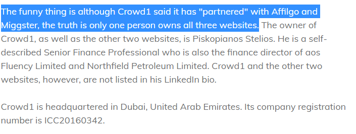 So it looks like two sites are partners to Crowd1... except, they're not really partners. One person owns all 3 sites.Stelios doesn't disclose any of his affiliations with these companies. He also owns a Dubai training company (Grithub) where you buy Gold, Silver & Bronze plans