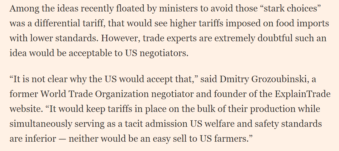 One 'idea' floated by ministers is a "differential tariff" that would put higher tariffs on lower welfare products. But as  @DmitryOpines tells me there pretty much zero chance US agrees to that. What does Nick Giordano of  @NPPC say to the idea? "Dead. On. Arrival" /13