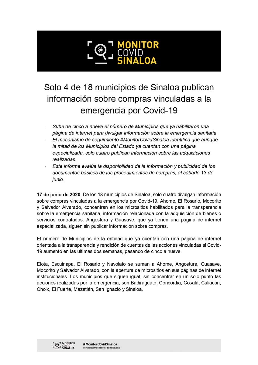 observatoriomzt's tweet photo. #MonitorCovidSinaloa
#SegundoReporte | Sube de 5 a 9 los #ayuntamientos que habilitaron micrositio, sin embargo la información disponible aún es insuficiente para prevenir riesgos de corrupción. #SigamosAdelante
🔎 ¿Quién es quien en transparencia?
⚠️ Así van los #Municipios: https://t.co/mPENJTjFJe