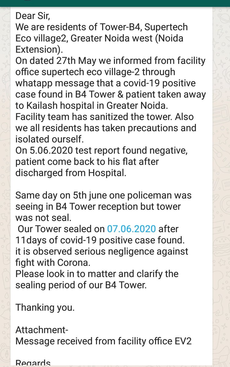 अधिकारियों की लापरवाही कोरोना पोजेटिव मरीज 11 दिन कोरनटाइन के बाद ठीक होकर घर लौटा उसके बाद अधिकारियों ने टावर सील किया, <a href="/NEFOMAncr/">NEFOMA</a> ने सीईओ को पत्र देकर की जांच की मांग, सील टॉवर के निवासियों की नौकरी पर खतरा <a href="/nbhooshan/">Narendra Bhooshan</a> <a href="/dmgbnagar/">DM NOIDA Gautam Buddha Nagar</a> <a href="/alok24/">Alok singh</a> <a href="/myogiadityanath/">Yogi Adityanath</a> <a href="/CMOfficeUP/">CM Office, GoUP</a> <a href="/UPGovt/">Government of UP</a>