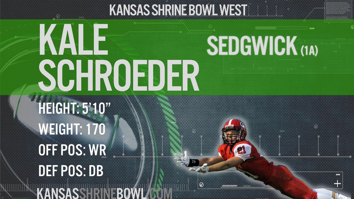 KSShrineBowl's tweet photo. Our 2020 @KSShrineBowl featured player of the day is Kale Schroeder from Sedgwick High! See Kale and all of the #WestSquad at Hummer Sports Park in Topeka on July 18th. Tickets here: https://t.co/5L9AHmOyGb ! Player Features Powered by @MammothTurf #MoreThanAGame #ForTheKids https://t.co/3Ru6lbgxMc