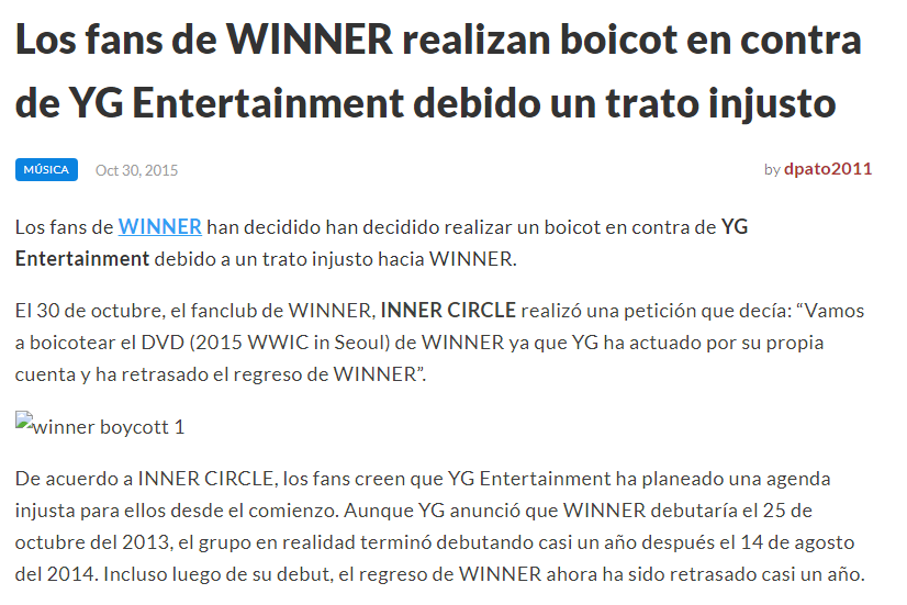 Segunda mención especial de que INNER CIRCLE fue el primer fandom (hablando de grupos de la nueva generación de YG) en hacer un boicot contra YG. Esto debido a que en el AÑO Y SEIS MESES de hiatus que tuvo WINNER, se encargaron de vendernos DVD's absurdos a un precio surreal.