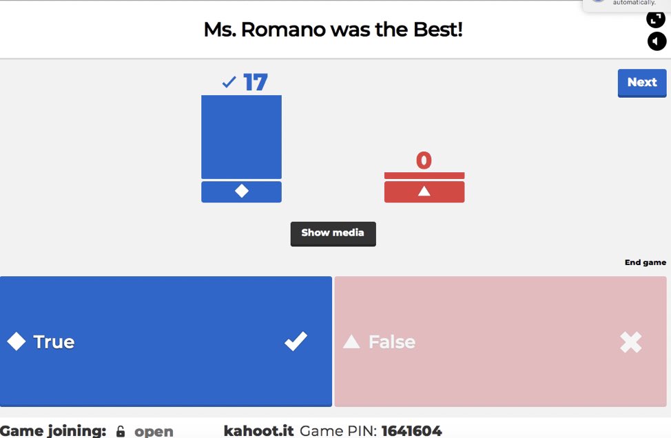 missromano26's tweet image. Lots of fun playing an end of the year @GetKahoot as part of our live meeting today! 😂🎉🥳 The theme was Ms. Romano’s Gr. 2 Class! The class did great!😉👌 thankfully they all got that last question right 😅🦄✨ @StTimothyHCDSB #SynchronousLearning